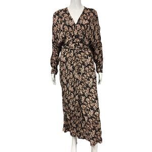 REBECCA VALLANCE Black Floral Print Belted Long Sleeve Maxi Dress Size 42 US 10